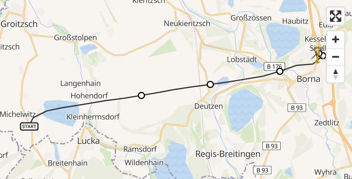 Flugroute Rettungshubschrauber Groitzsch - Sana Hospital Borna, 11 Juli 2026, 14:14