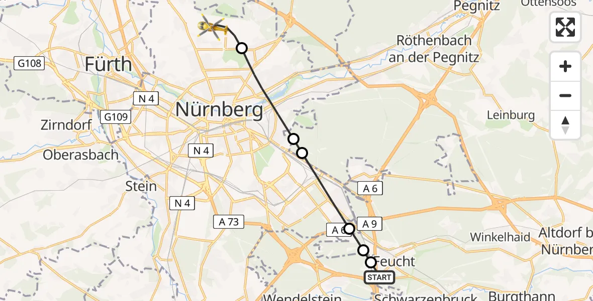 Flugroute Ambulanzhubschrauber Feucht - Flughafen Nuremberg, 11 Juli 2026, 14:16