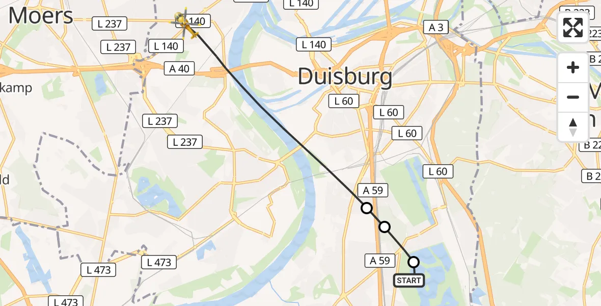 Flugroute Rettungshubschrauber Duisburg Air Rescue Hubschrauberlandeplatz (Christoph 9) - Duisburg, 11 Juli 2026, 14:22