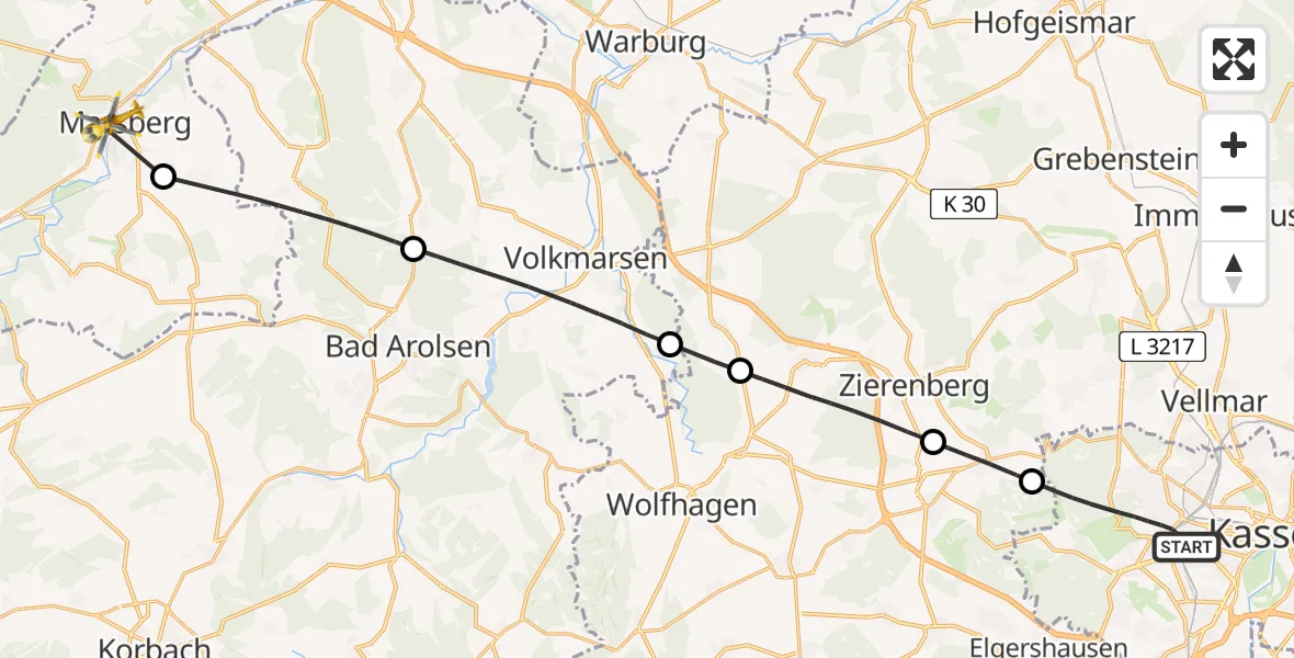 Flugroute Rettungshubschrauber Kassel - Marsberg, 11 Juli 2026, 14:25