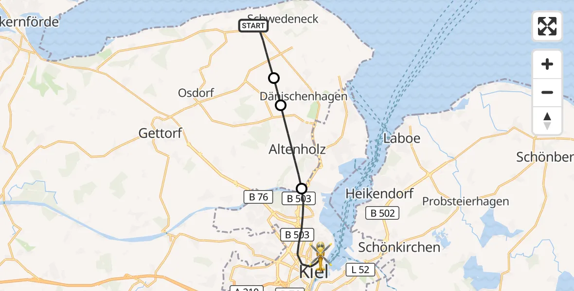 Flugroute Ambulanzhubschrauber Schwedeneck - Kiel, 11 Juli 2026, 14:25