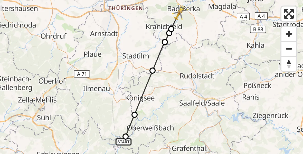 Flugroute Rettungshubschrauber Katzhütte - Bad Berka Central Hospital, 11 Juli 2026, 14:26