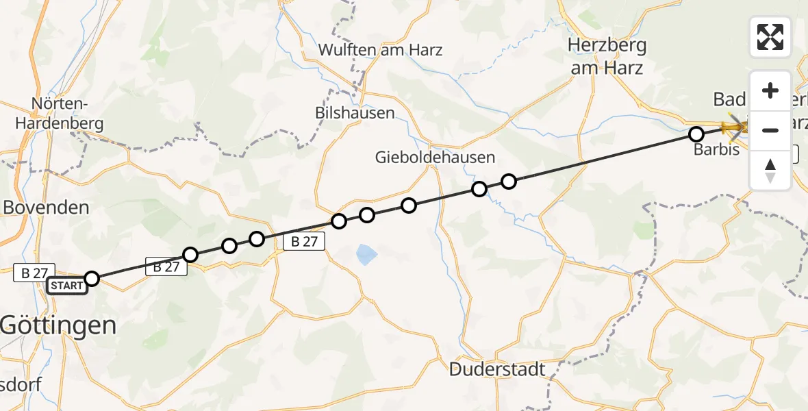 Flugroute Rettungshubschrauber Göttingen University Clinic Hubschrauberlandeplatz - Bad Lauterberg im Harz, 11 Juli 2026, 14:38