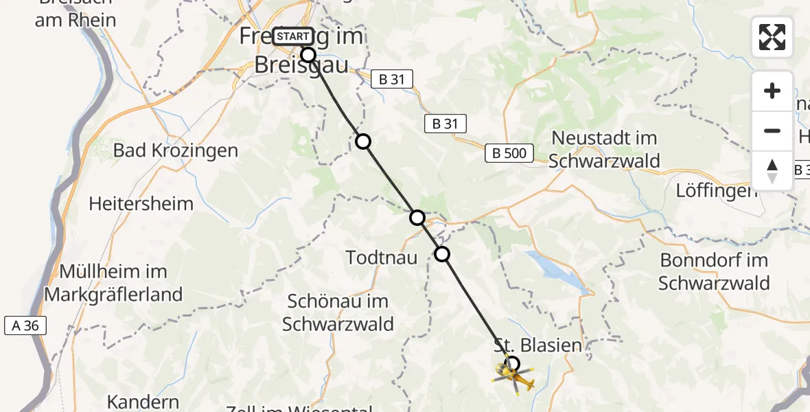 Flugroute Ambulanzhubschrauber Freiburg University Hospital Heliport 1 - Dachsberg (Südschwarzwald), 11 Juli 2026, 14:38