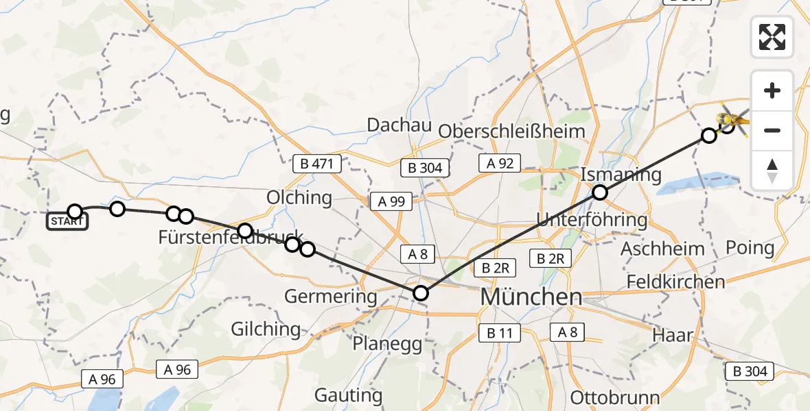 Flugroute Rettungshubschrauber Moorenweis - Moosinning, 11 Juli 2026, 14:40
