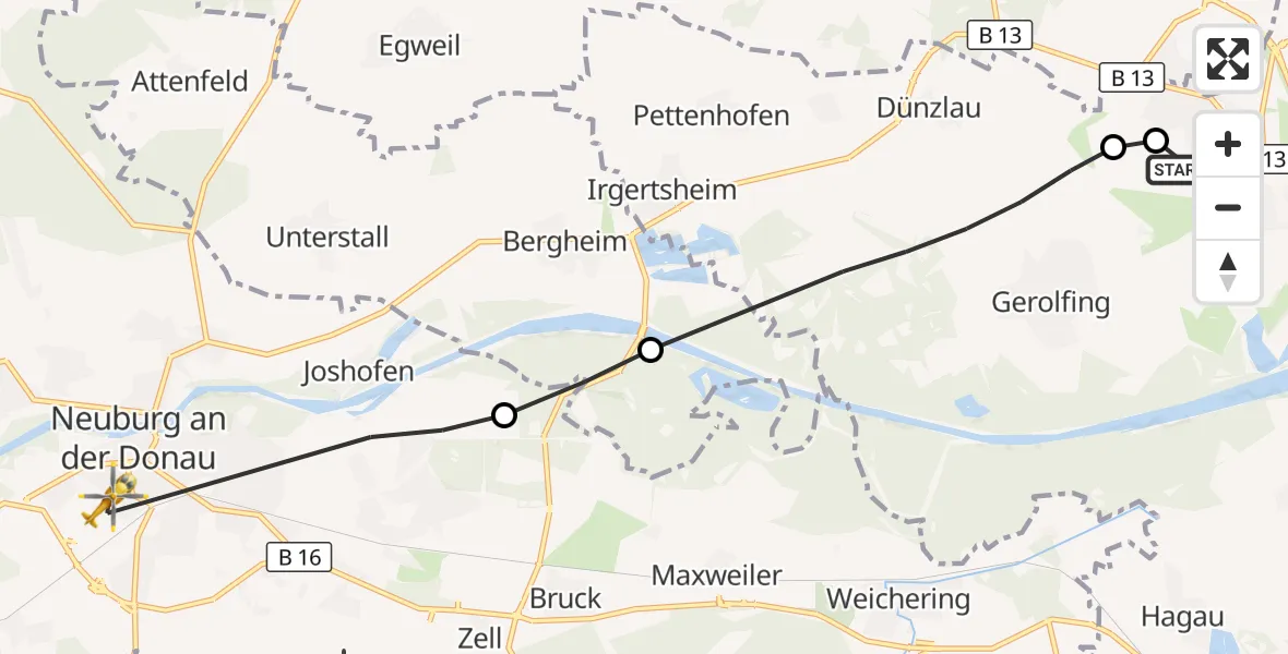 Flugroute Rettungshubschrauber Ingolstadt Hospital - Neuburg a.d.Donau, 11 Juli 2026, 14:41