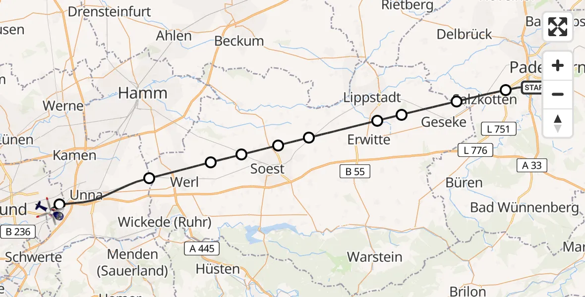 Flugroute Polizeihubschrauber Paderborn - Dortmund Flughafen, 11 Juli 2026, 14:45