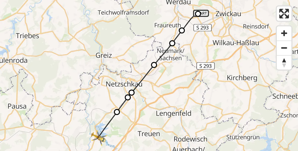 Flugroute Rettungshubschrauber ADAC Air Rescue Station Zwickau Hubschrauberlandeplatz - Pöhl, 11 Juli 2026, 14:53