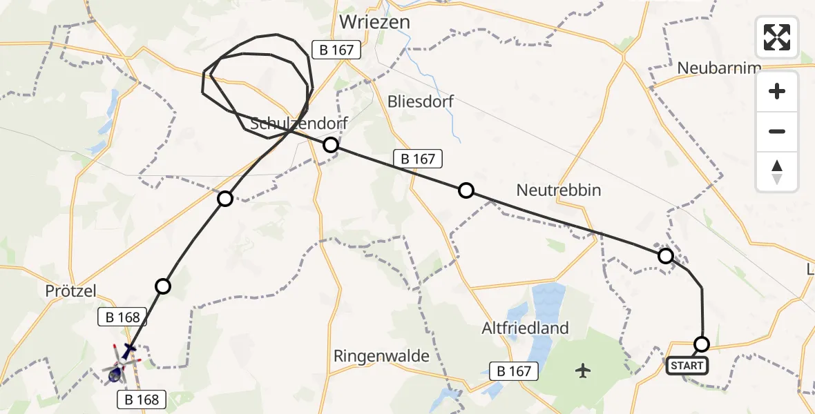 Flugroute Polizeihubschrauber Neuhardenberg - Prötzel, 11 Juli 2026, 14:58