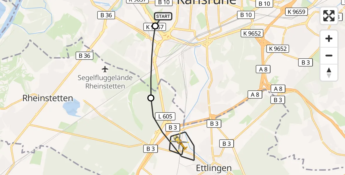 Flugroute Ambulanzhubschrauber Sankt Vincentius Hospital - Ettlingen, 11 Juli 2026, 15:04