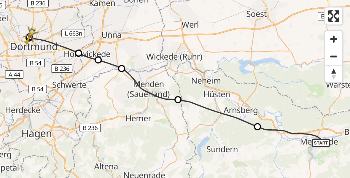 Flugroute Rettungshubschrauber Meschede - Dortmund Hospital North, 11 Juli 2026, 15:07