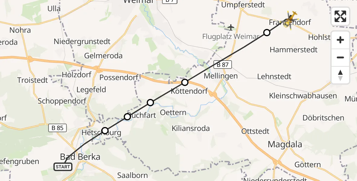 Flugroute Rettungshubschrauber Bad Berka - Frankendorf, 11 Juli 2026, 15:11