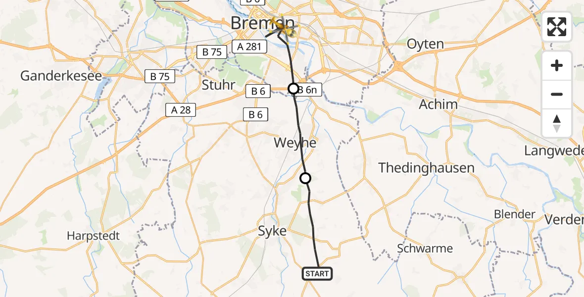 Flugroute Rettungshubschrauber Syke - Bremen, 11 Juli 2026, 15:12