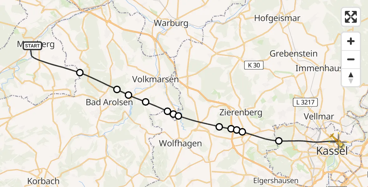 Flugroute Rettungshubschrauber Marsberg - Kassel, 11 Juli 2026, 15:13