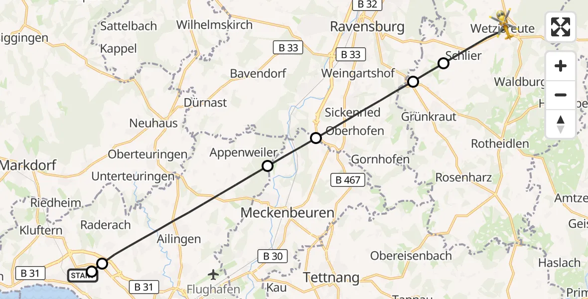 Flugroute Rettungshubschrauber Friedrichshafen Hospital - Schlier, 11 Juli 2026, 15:16