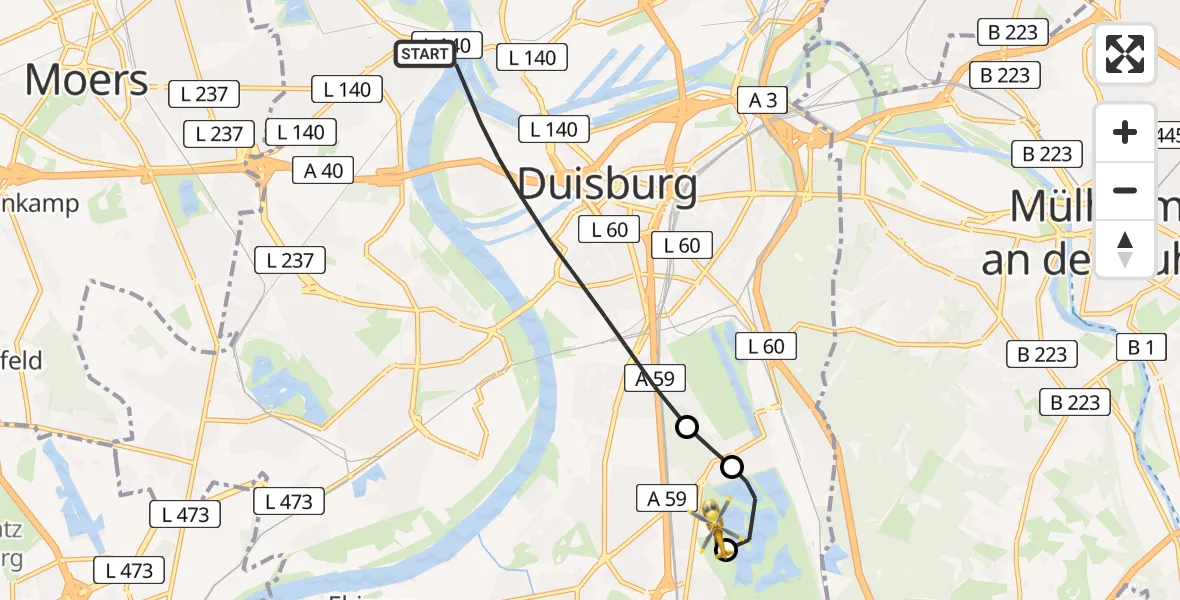 Flugroute Rettungshubschrauber Duisburg - Duisburg Air Rescue Hubschrauberlandeplatz (Christoph 9), 11 Juli 2026, 15:17
