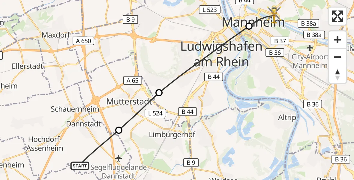 Flugroute Rettungshubschrauber Dannstadt-Schauernheim - Mannheim, 11 Juli 2026, 15:22