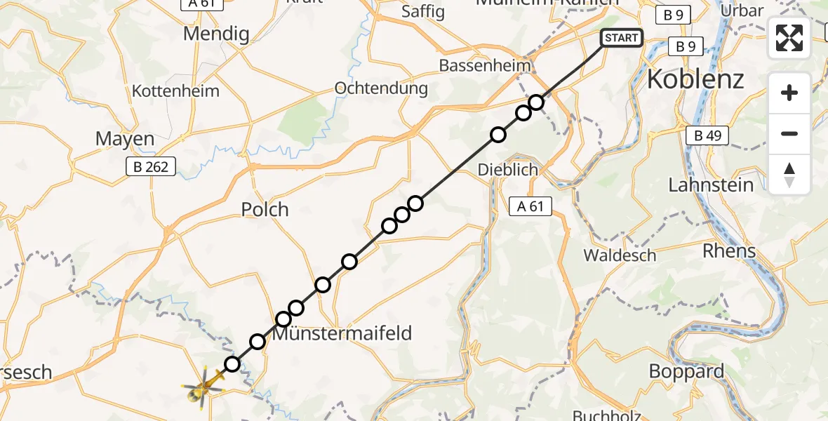 Flugroute Rettungshubschrauber Koblenz - Brohl, 11 Juli 2026, 15:23