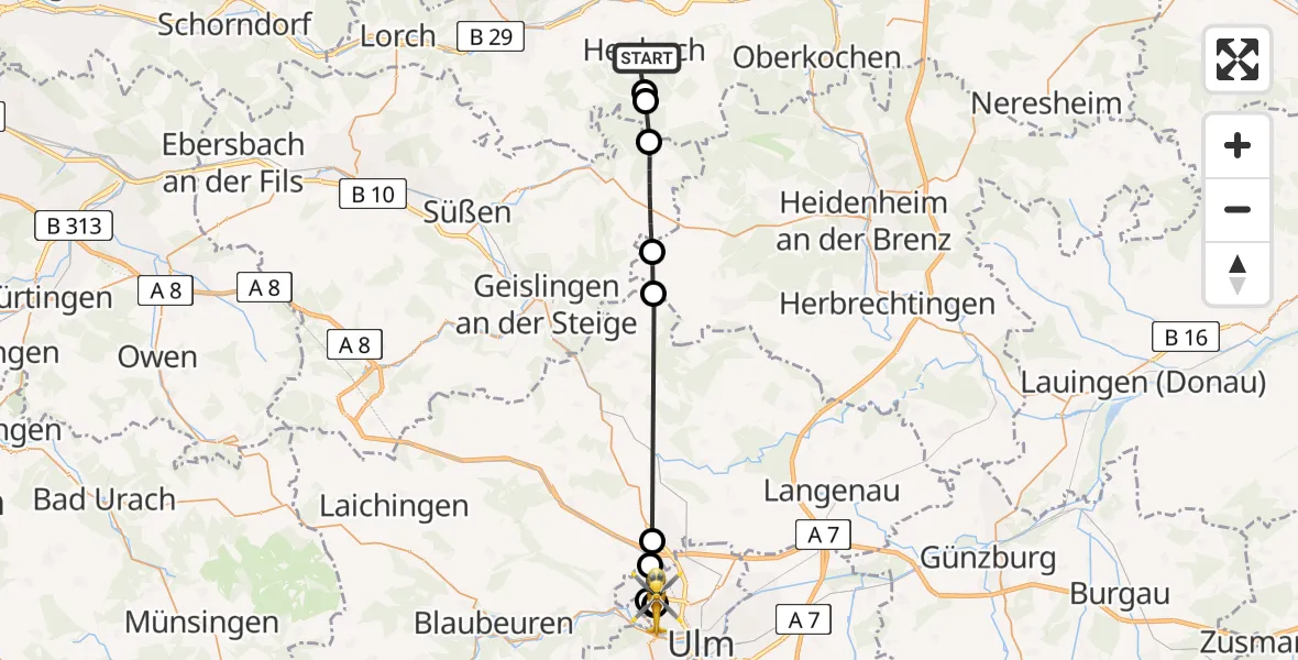Flugroute Rettungshubschrauber Heubach - Ulm Military Hospital Emergency, 11 Juli 2026, 15:24