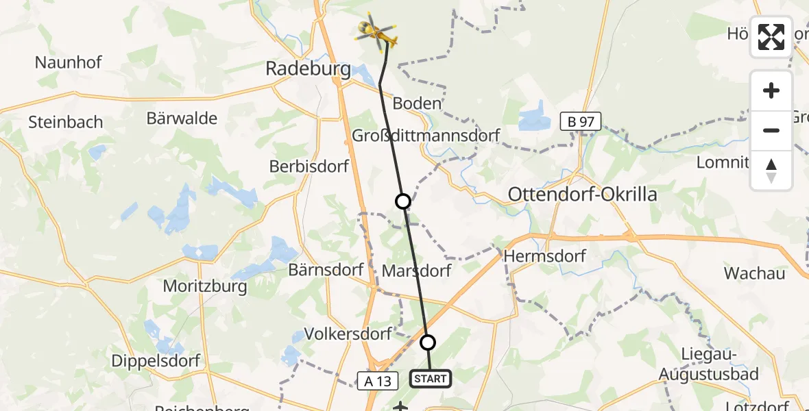 Flugroute Rettungshubschrauber Dresden Bundespolizei Hubschrauberlandeplatz - Radeburg, 11 Juli 2026, 15:26