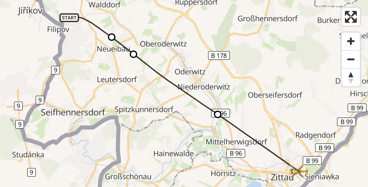 Flugroute Rettungshubschrauber Ebersbach-Neugersdorf - Zittau, 11 Juli 2026, 15:26