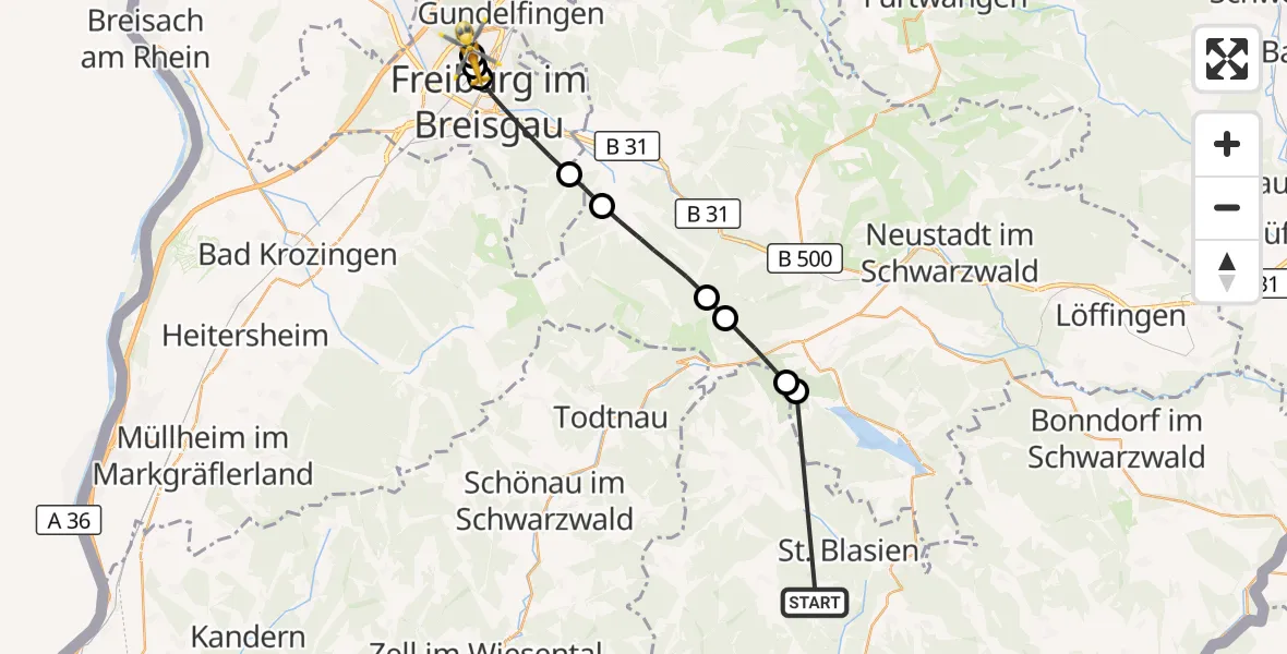 Flugroute Ambulanzhubschrauber Dachsberg (Südschwarzwald) - Freiburg im Breisgau Flugplatz, 11 Juli 2026, 15:29