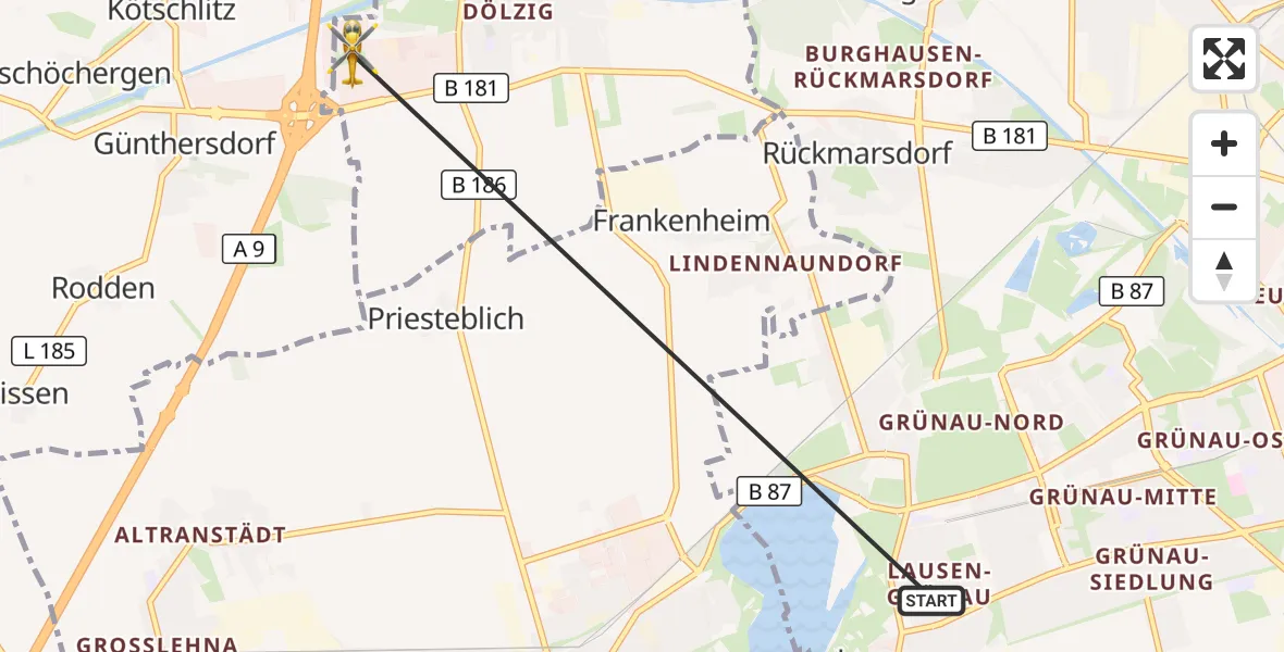 Flugroute Rettungshubschrauber Leipzig - ADAC Air Rescue Station Leipzig/Schkeuditz-Dölzig Hubschrauberlandeplatz (Christoph 61), 11 Juli 2026, 15:30