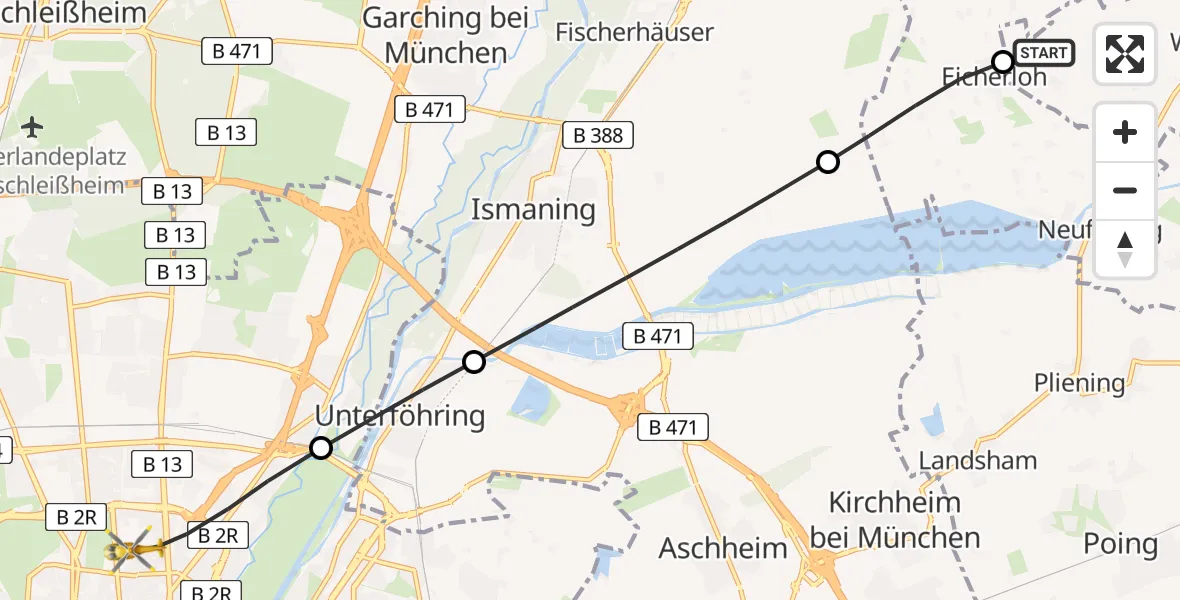 Flugroute Rettungshubschrauber Neuching - München, 11 Juli 2026, 15:34