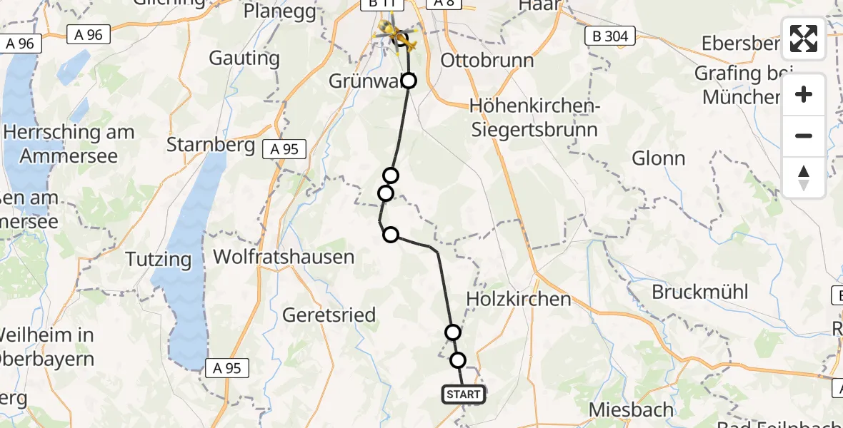 Flugroute Rettungshubschrauber Sachsenkam - ADAC Air Rescue Center Hubschrauberlandeplatz (Christoph 1), 11 Juli 2026, 15:34