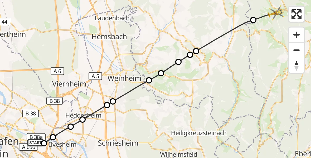 Flugroute Rettungshubschrauber Mannheim-City Flughafen - Mossautal, 11 Juli 2026, 15:42