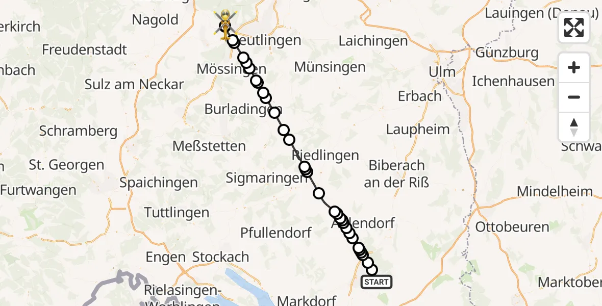 Flugroute Rettungshubschrauber Schlier - Tübingen Trauma Hospital, 11 Juli 2026, 15:42