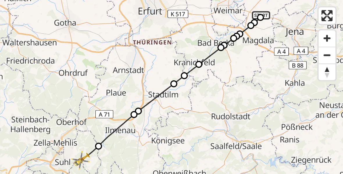 Flugroute Rettungshubschrauber Frankendorf - Suhl, 11 Juli 2026, 15:46