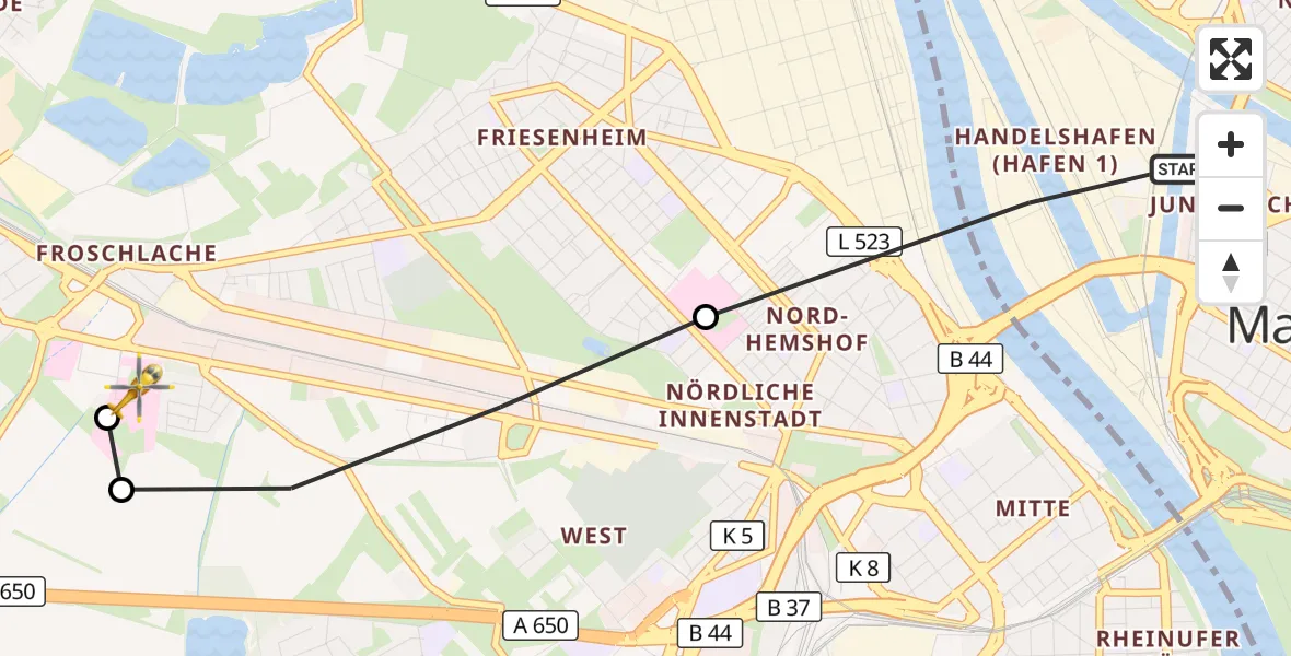 Flugroute Rettungshubschrauber Mannheim - Ludwigshafen Accident Hospital, 11 Juli 2026, 15:50