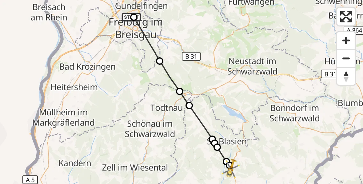 Flugroute Ambulanzhubschrauber Freiburg im Breisgau Flugplatz - Höchenschwand, 11 Juli 2026, 15:54