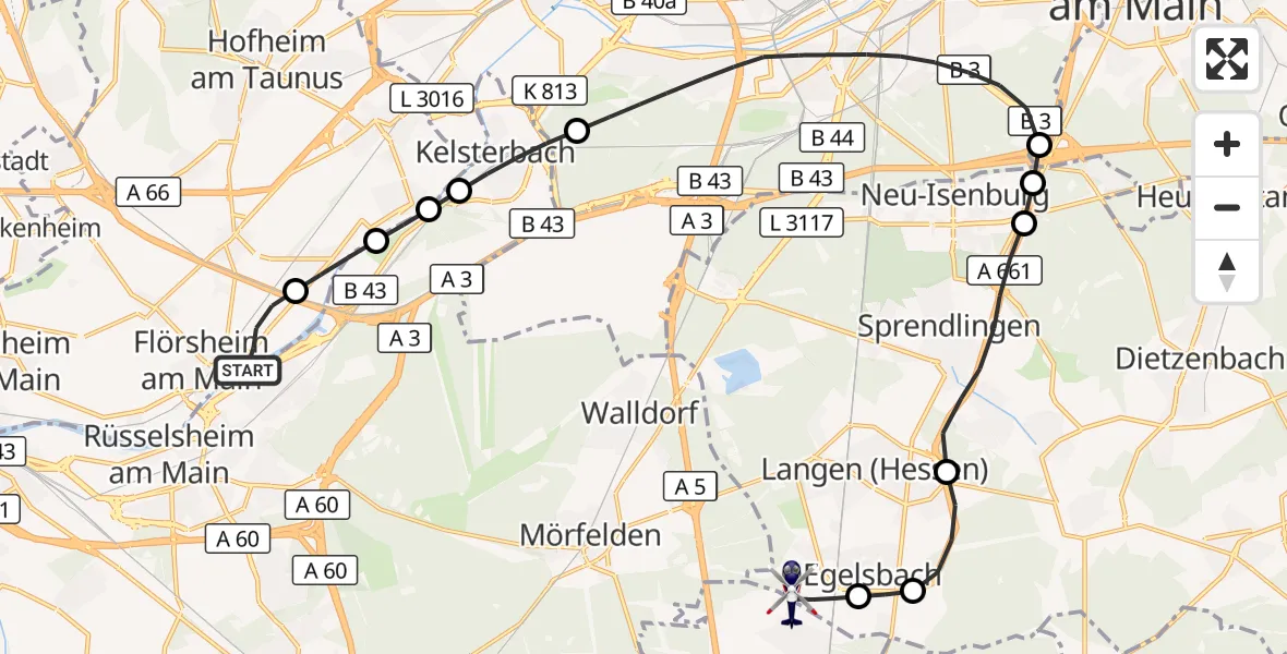 Flugroute Polizeihubschrauber Flörsheim am Main - Flughafen Frankfurt-Egelsbach, 11 Juli 2026, 15:54