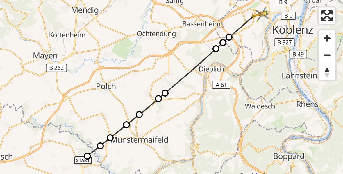 Flugroute Rettungshubschrauber Brohl - Koblenz, 11 Juli 2026, 16:04