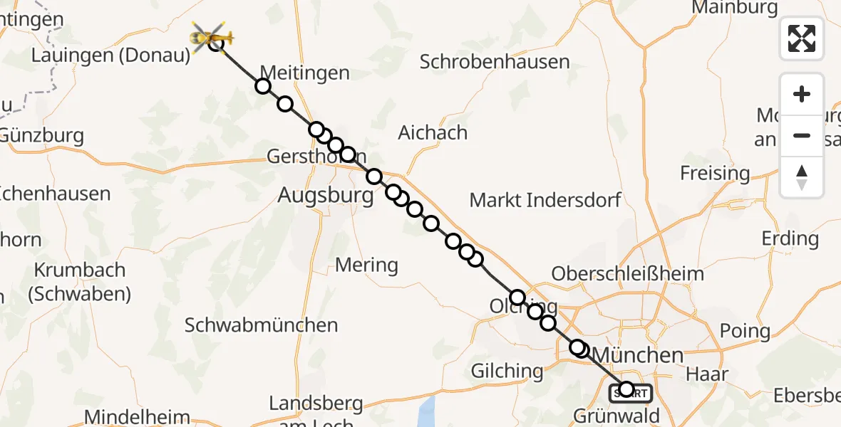 Flugroute Rettungshubschrauber ADAC Air Rescue Center Hubschrauberlandeplatz (Christoph 1) - Buttenwiesen, 11 Juli 2026, 16:04
