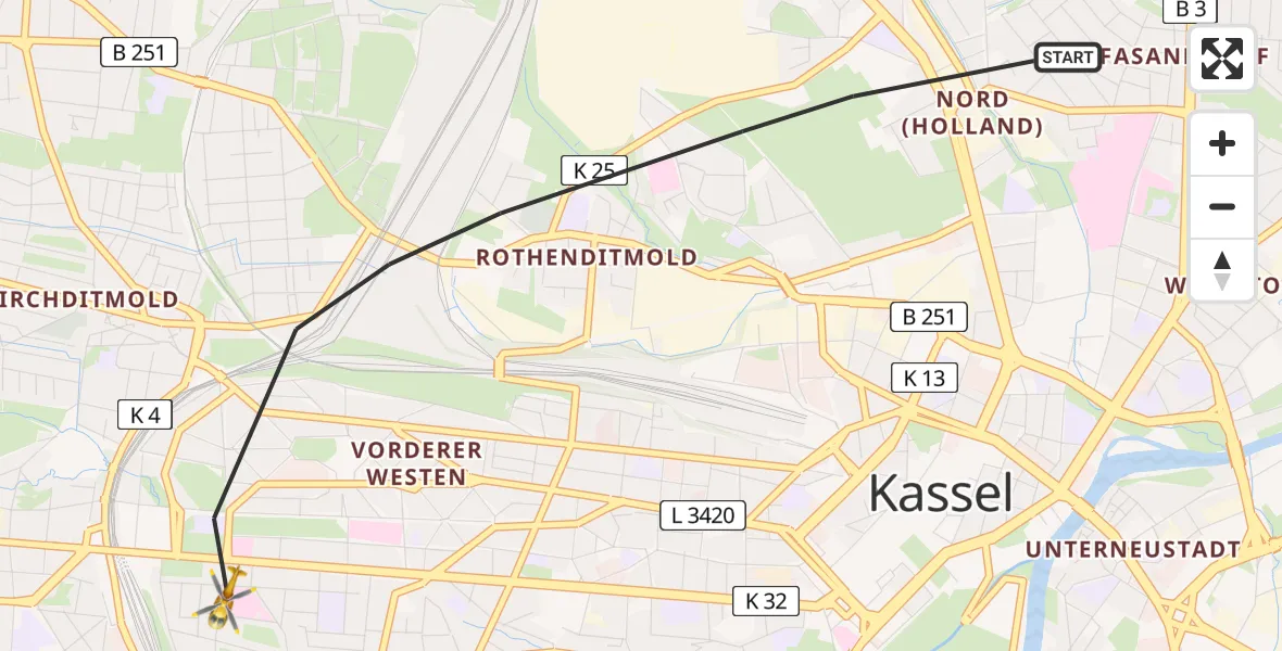 Flugroute Rettungshubschrauber Kassel - Kassel, 11 Juli 2026, 16:06