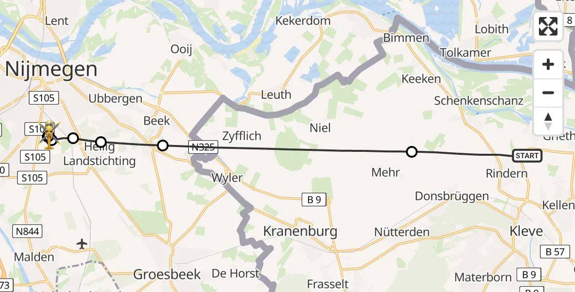 Flugroute Ambulanzhubschrauber Kleve - Radboud University Medical Center Heliport, 11 Juli 2026, 16:06