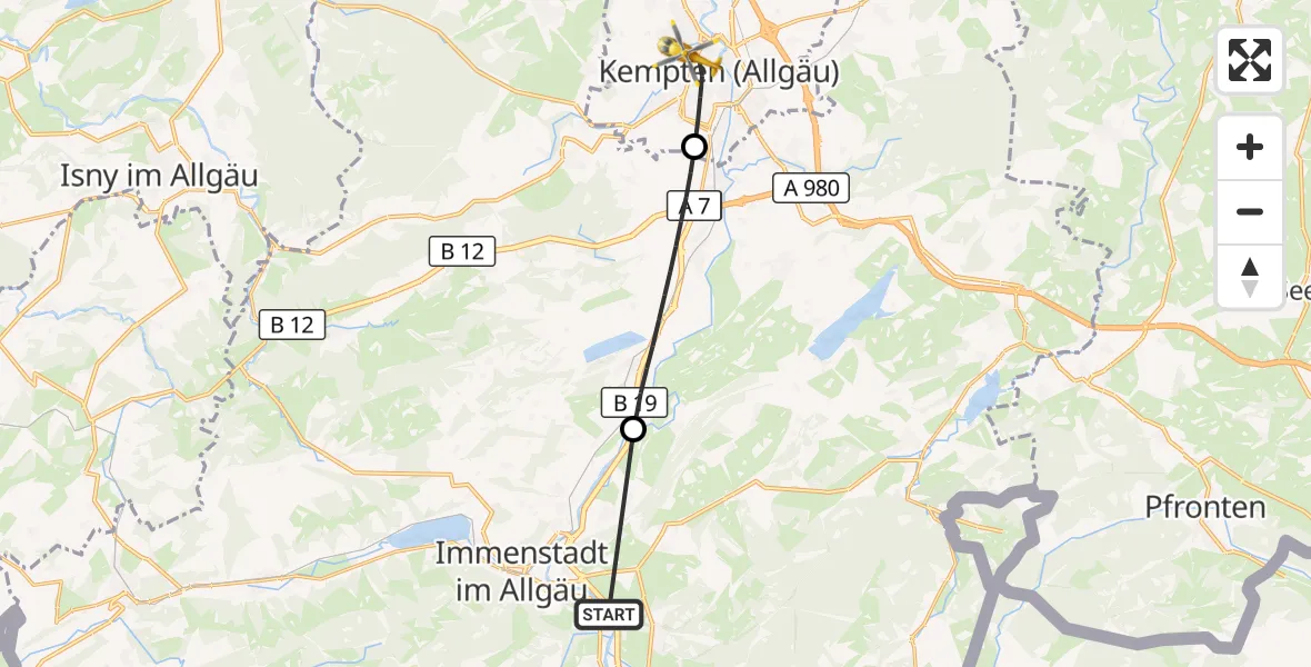 Flugroute Rettungshubschrauber Burgberg i.Allgäu - Kempten (Allgäu), 11 Juli 2026, 16:12