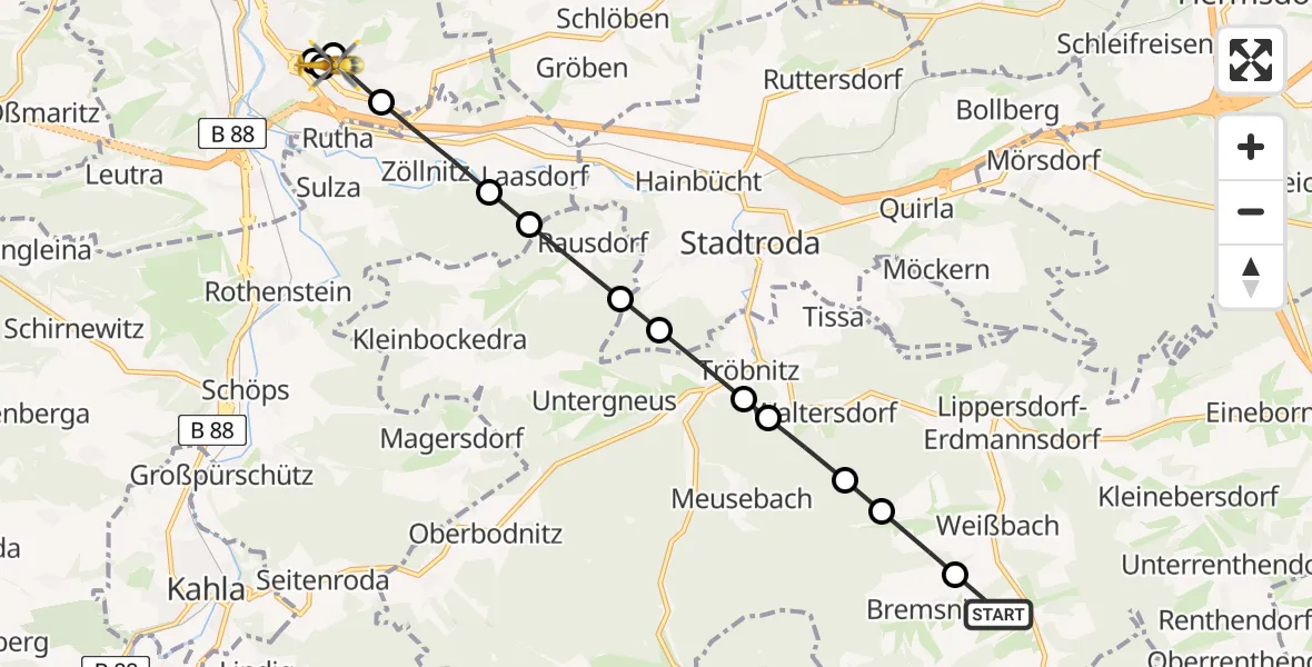 Flugroute Rettungshubschrauber Karlsdorf - Jena University Hospital, 11 Juli 2026, 16:12
