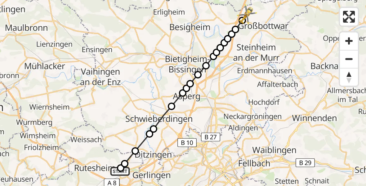 Flugroute Rettungshubschrauber Leonberg Hospital - Großbottwar, 11 Juli 2026, 16:17