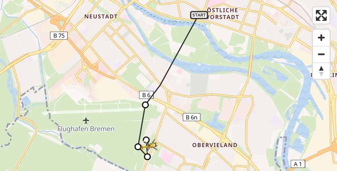 Flugroute Rettungshubschrauber Bremen - ADAC Air Rescue Station Bremen Hubschrauberlandeplatz (Christoph 6), 11 Juli 2026, 16:17