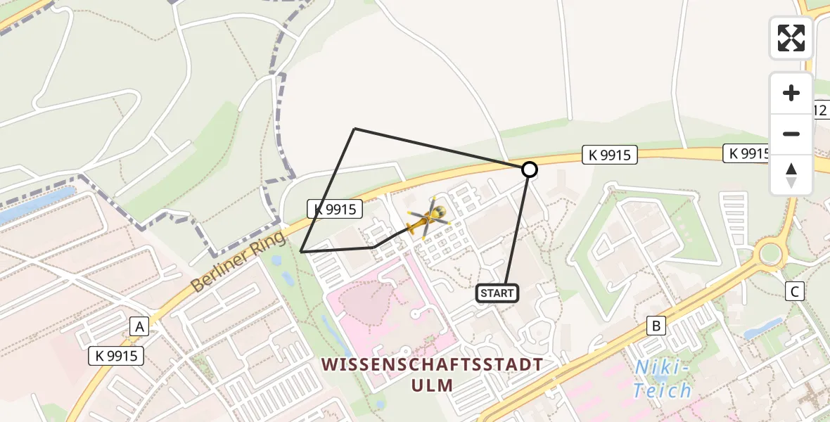 Flugroute Rettungshubschrauber Ulm Military Hospital Emergency - Ulm Military Hospital Emergency, 11 Juli 2026, 16:18