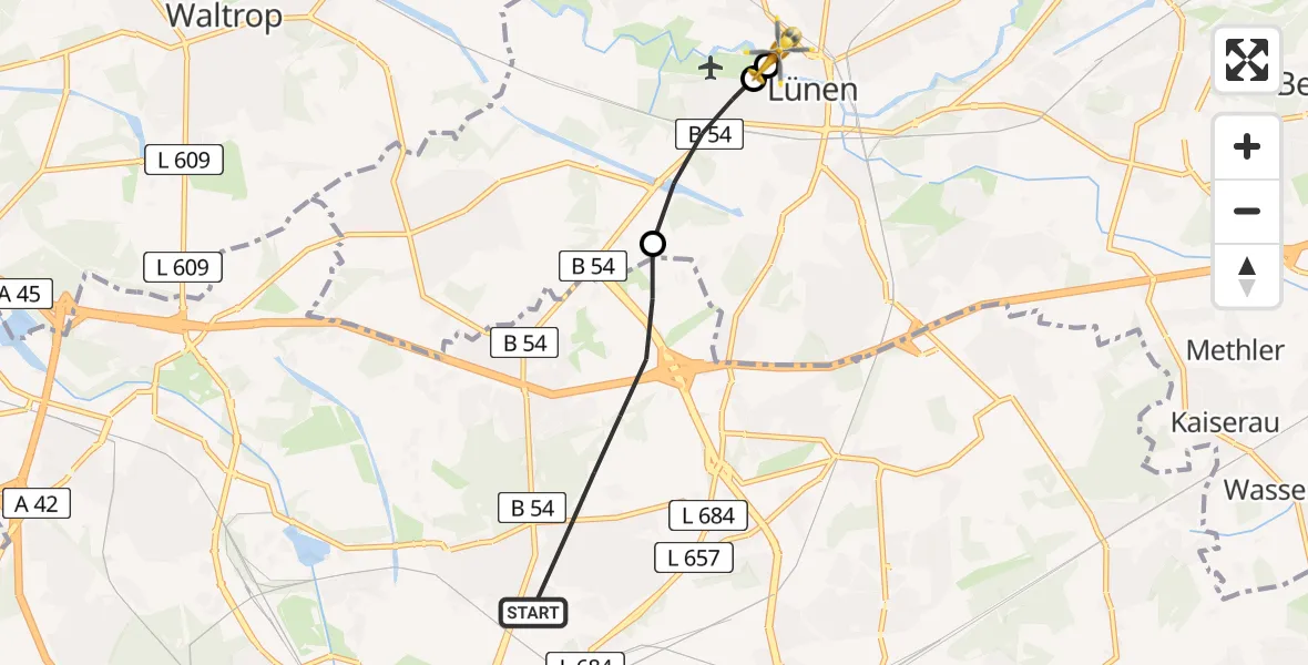 Flugroute Rettungshubschrauber Dortmund - Sankt Marien Hospital, 11 Juli 2026, 16:19