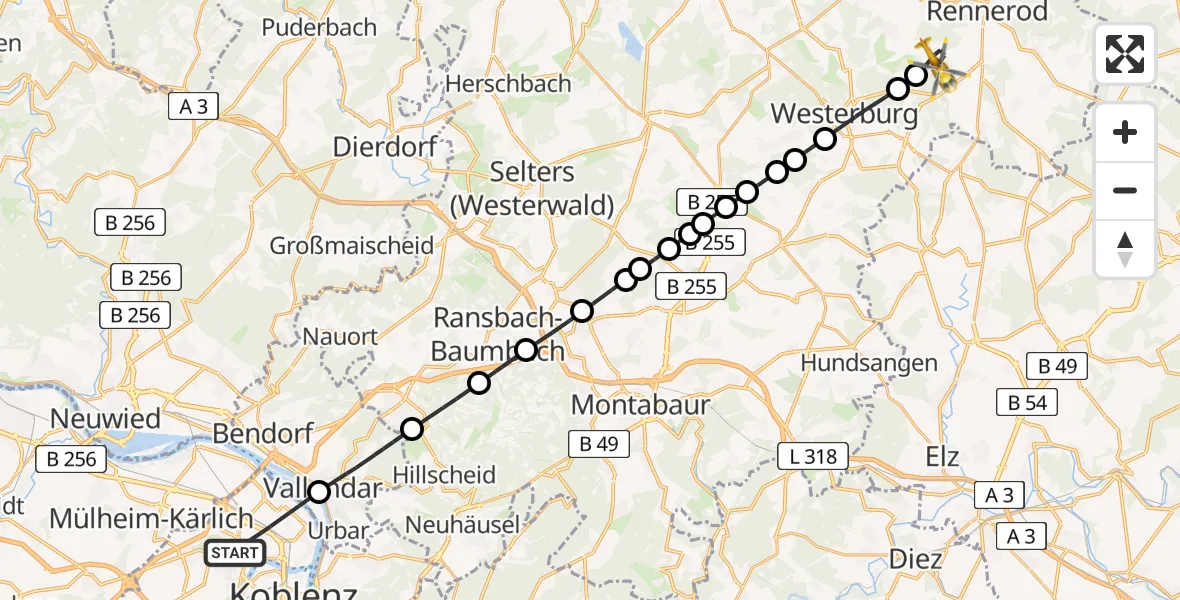 Flugroute Rettungshubschrauber Koblenz - Seck, 11 Juli 2026, 16:22