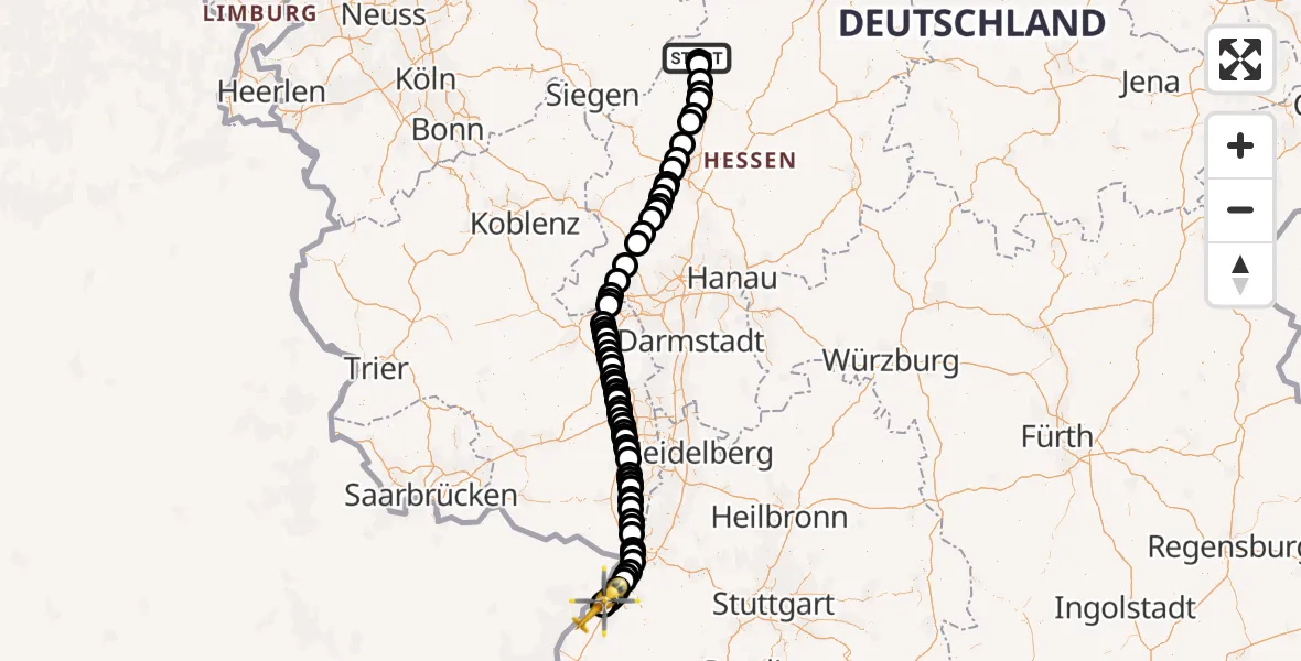 Flugroute Rettungshubschrauber Allendorf (Eder) - Karlsruhe Baden-Baden Flughafen, 11 Juli 2026, 16:22