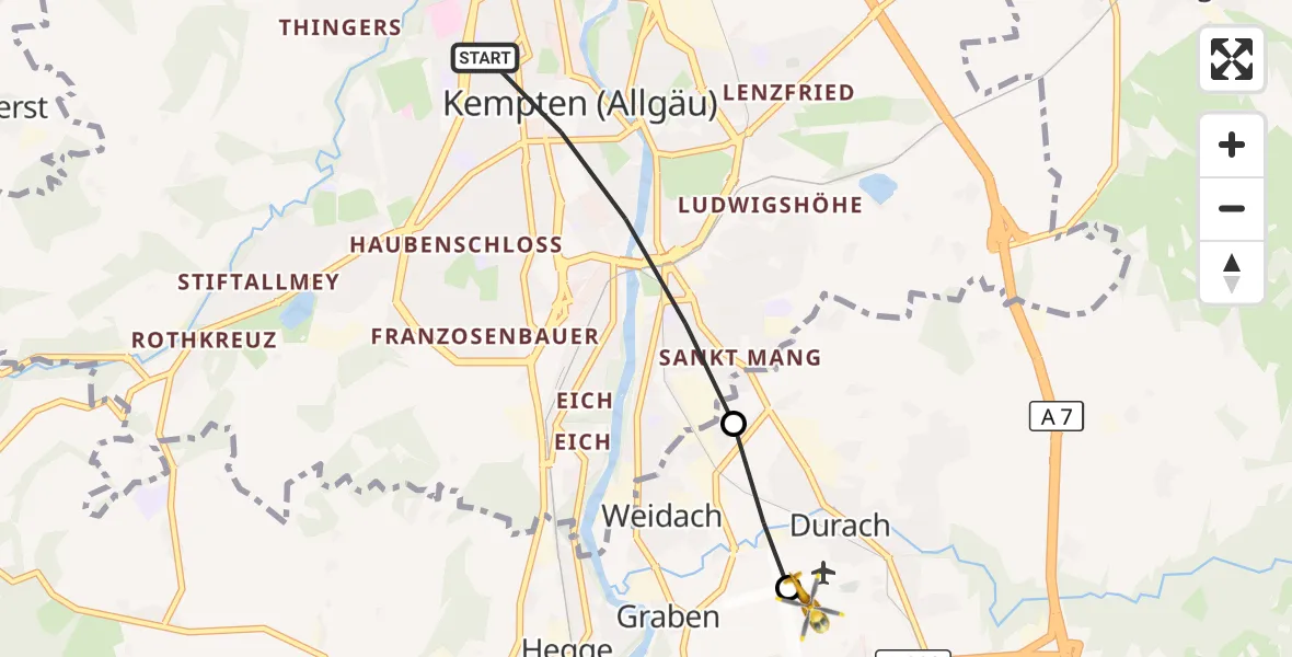 Flugroute Rettungshubschrauber Kempten (Allgäu) - Kempten-Durach Flugplatz, 11 Juli 2026, 16:23
