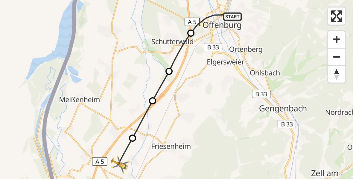 Flugroute Rettungshubschrauber Offenburg - Lahr Flughafen, 11 Juli 2026, 16:23