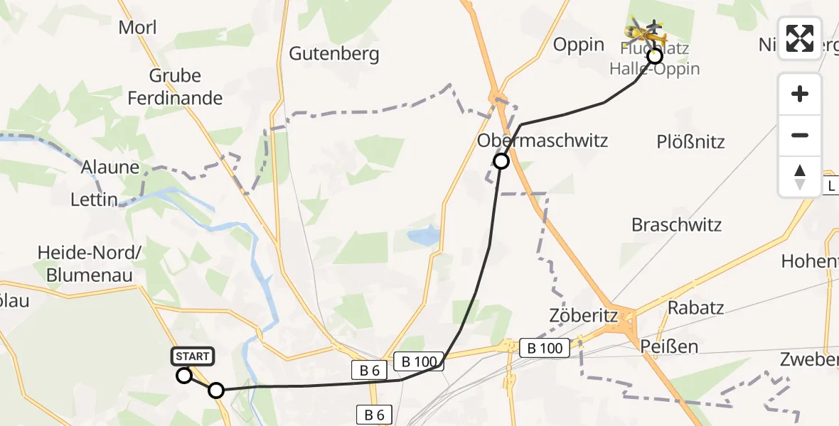 Flugroute Rettungshubschrauber Halle (Saale) University Hospital - Halle-Oppin Flugplatz, 11 Juli 2026, 16:23